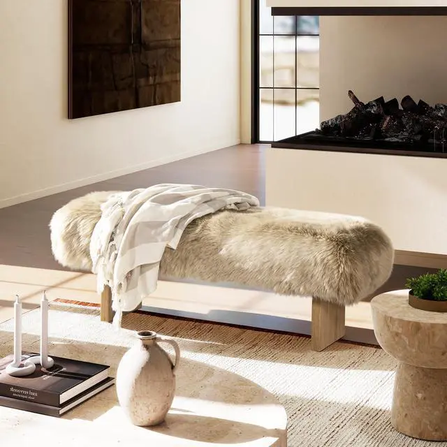 Main image of Leda 49" Sheepskin Fur Rectangular Accent Bench, Natural Blonde Genuine Fur