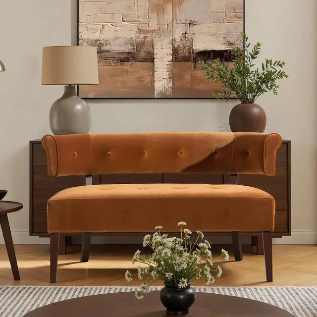 Main image of Jared Roll Arm Tufted Bench Settee, Burnt Orange Performance Velvet