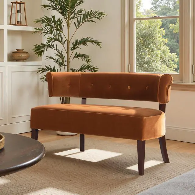 Alt view image 2 of 7 - Jared Roll Arm Tufted Bench Settee, Burnt Orange Performance Velvet