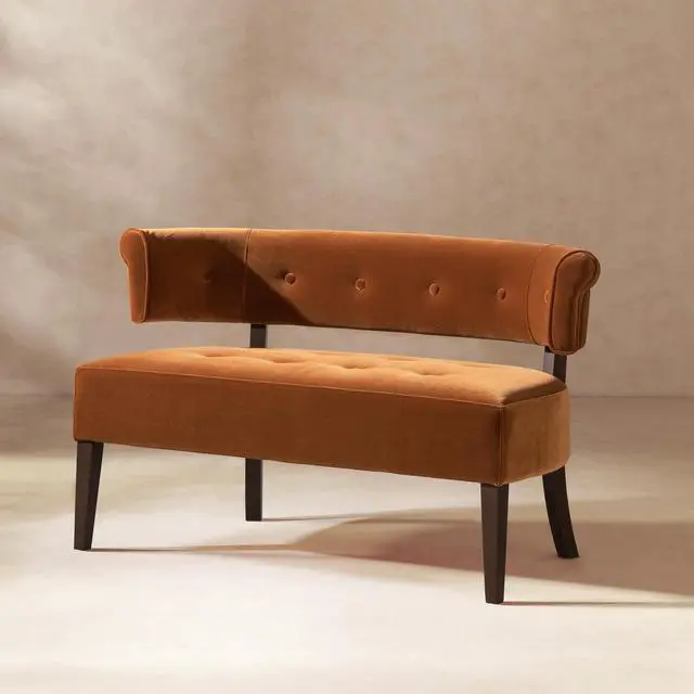 Alt view image 3 of 7 - Jared Roll Arm Tufted Bench Settee, Burnt Orange Performance Velvet