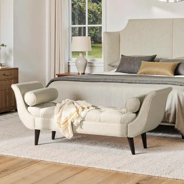 Alt view image 4 of 7 - Alma Tufted Flared Arm Entryway Bench Taupe Polyester