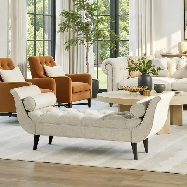 Alt view image 2 of 7 - Alma Tufted Flared Arm Entryway Bench Taupe Polyester