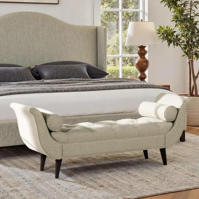Alt view image 3 of 7 - Alma Tufted Flared Arm Entryway Bench Taupe Polyester