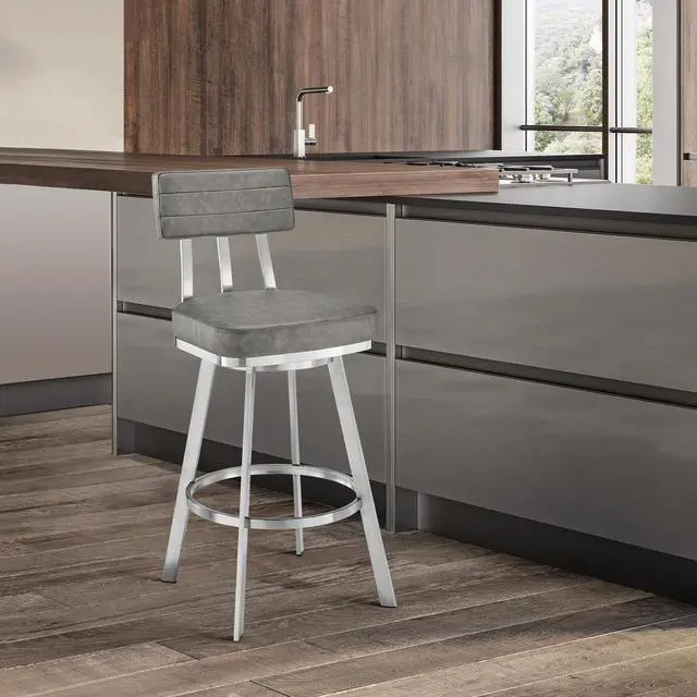 Main image of Verin 30" Swivel Bar Stool in Brushed Stainless Steel with Gray Faux Leather
