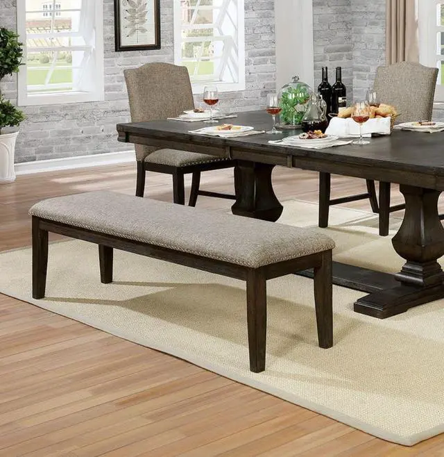 Main image of Transitional Modern Style Espresso Frame 1pc Bench Padded Seat Back Nailhead Trim Warm Gray Fabric