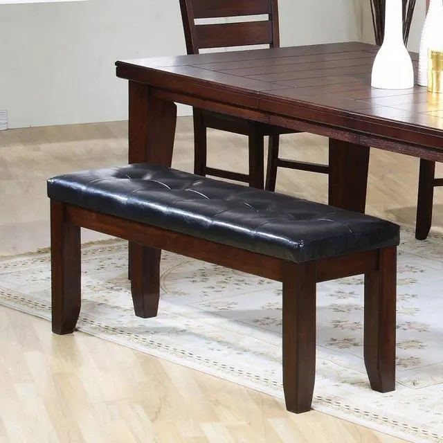 Main image of Cherry Finish Dining Bench 1pc Upholstered PU Seat Cushion Tufted Detail Wooden Dining Room Furniture