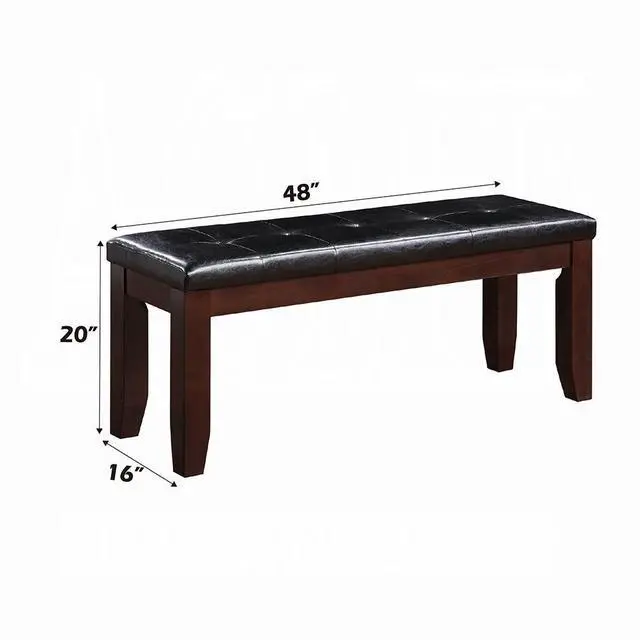 Alt view image 4 of 5 - Cherry Finish Dining Bench 1pc Upholstered PU Seat Cushion Tufted Detail Wooden Dining Room Furniture