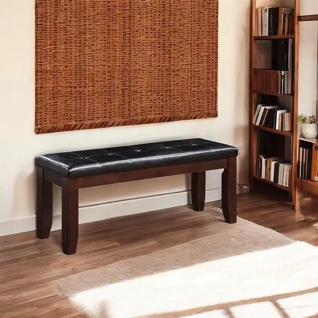 Alt view image 5 of 5 - Cherry Finish Dining Bench 1pc Upholstered PU Seat Cushion Tufted Detail Wooden Dining Room Furniture