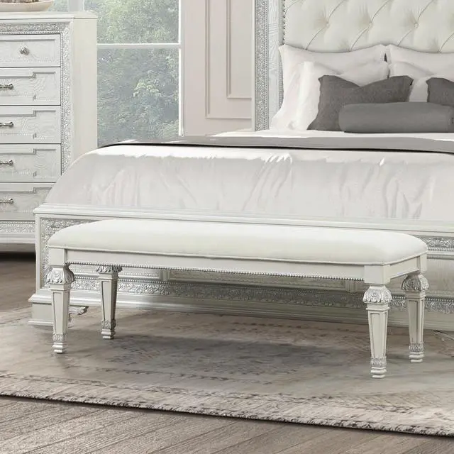 Main image of Metal Silver Finish Traditional Bench Ornated Round Knobs Diamond-button tufting adds a classic look, Creamy White
