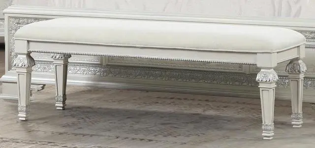 Alt view image 3 of 5 - Metal Silver Finish Traditional Bench Ornated Round Knobs Diamond-button tufting adds a classic look, Creamy White