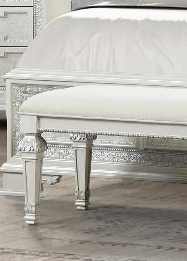 Alt view image 5 of 5 - Metal Silver Finish Traditional Bench Ornated Round Knobs Diamond-button tufting adds a classic look, Creamy White