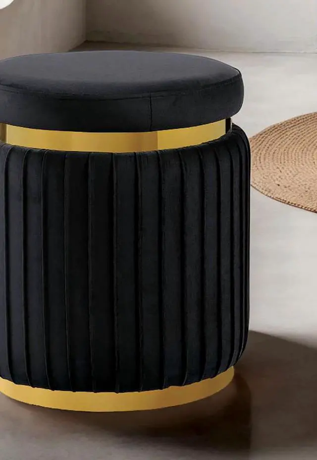 Alt view image 2 of 5 - Black Finish Contemporary Style 1pc Round Accent Stool Stainless Steel Gold Trim Velvet Fabric Primary Living Room
