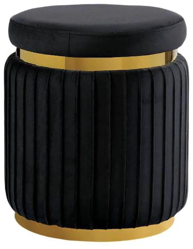 Alt view image 3 of 5 - Black Finish Contemporary Style 1pc Round Accent Stool Stainless Steel Gold Trim Velvet Fabric Primary Living Room