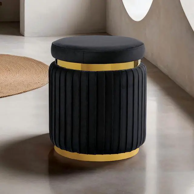 Main image of Black Finish Contemporary Style 1pc Round Accent Stool Stainless Steel Gold Trim Velvet Fabric Primary Living Room