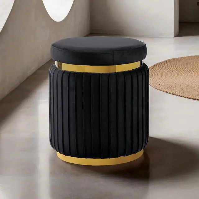 Alt view image 5 of 5 - Black Finish Contemporary Style 1pc Round Accent Stool Stainless Steel Gold Trim Velvet Fabric Primary Living Room