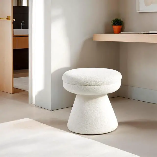 Main image of Contemporary Style 1pc Round Top Accent Stool Teddy Fabric Pedestal Base Mushroom Shape Design Beige Finish Primary Living Room