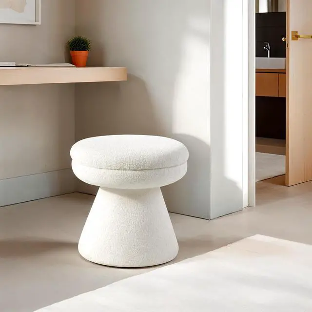 Alt view image 5 of 5 - Contemporary Style 1pc Round Top Accent Stool Teddy Fabric Pedestal Base Mushroom Shape Design Beige Finish Primary Living Room
