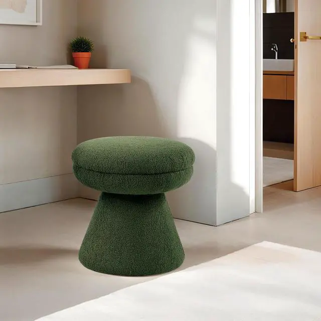 Main image of Green Finish Contemporary 1pc Round Top Accent Stool Teddy Fabric Pedestal Base Mushroom Shape Design Primary Living Room