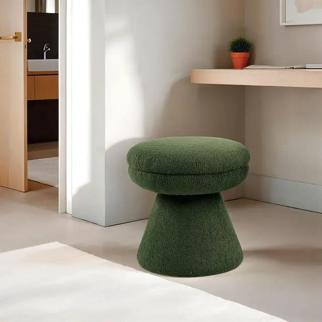 Alt view image 5 of 5 - Green Finish Contemporary 1pc Round Top Accent Stool Teddy Fabric Pedestal Base Mushroom Shape Design Primary Living Room