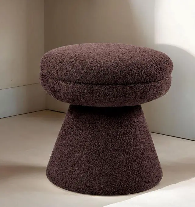 Alt view image 2 of 5 - Brown Finish 1pc Round Top Accent Stool Teddy Fabric Pedestal Base Mushroom Shape Design Contemporary Primary Living Room