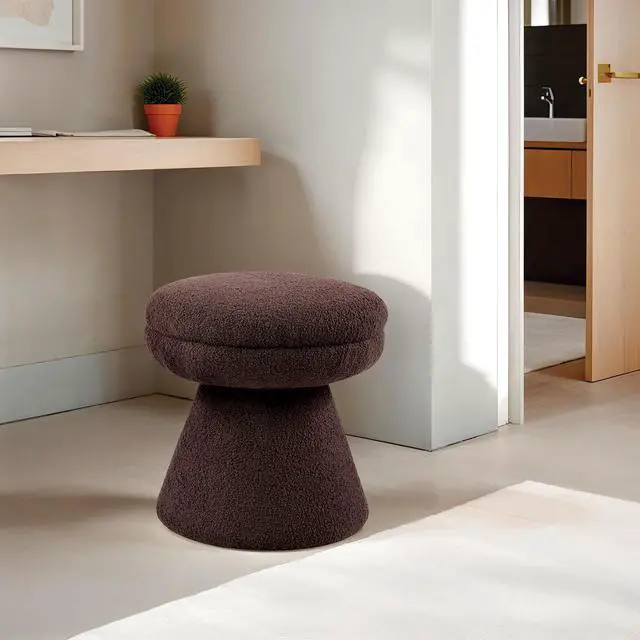 Main image of Brown Finish 1pc Round Top Accent Stool Teddy Fabric Pedestal Base Mushroom Shape Design Contemporary Primary Living Room