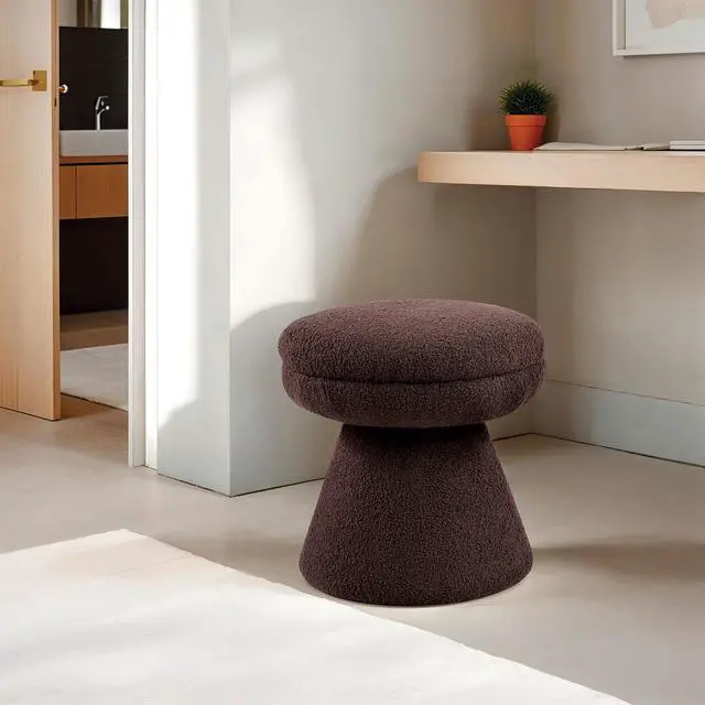 Alt view image 5 of 5 - Brown Finish 1pc Round Top Accent Stool Teddy Fabric Pedestal Base Mushroom Shape Design Contemporary Primary Living Room