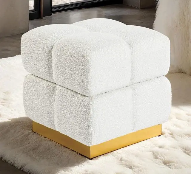 Alt view image 3 of 6 - Contemporary Style Square Storage Stool Beige Finish Biscuit Tufting Storage Compartment Primary Living Room