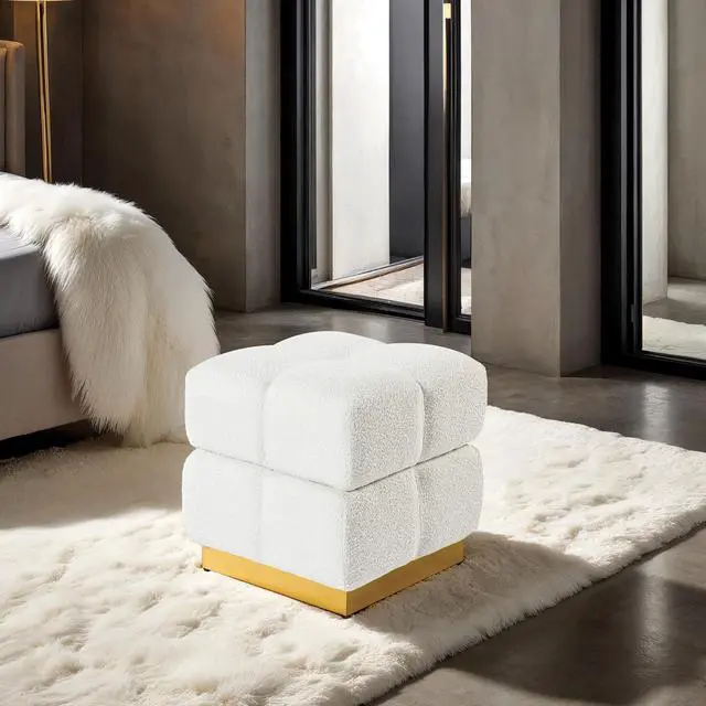 Main image of Contemporary Style Square Storage Stool Beige Finish Biscuit Tufting Storage Compartment Primary Living Room