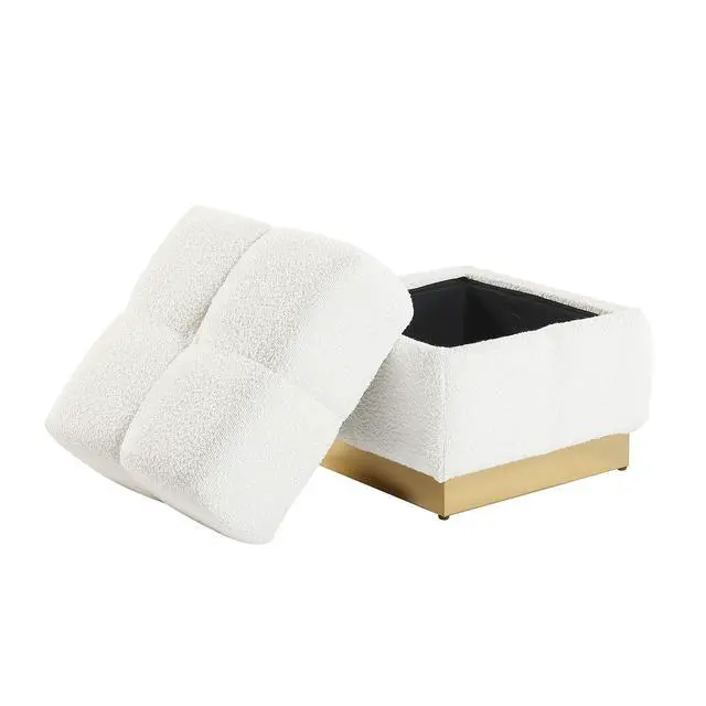 Alt view image 2 of 6 - Contemporary Style Square Storage Stool Beige Finish Biscuit Tufting Storage Compartment Primary Living Room