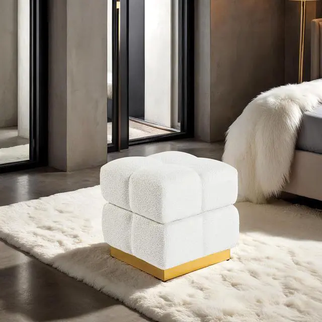 Alt view image 6 of 6 - Contemporary Style Square Storage Stool Beige Finish Biscuit Tufting Storage Compartment Primary Living Room
