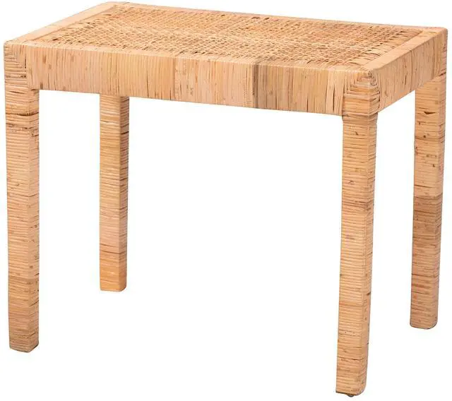 Main image of Modern Bohemian Natural Rattan and Mahogany Wood Short Accent Bench