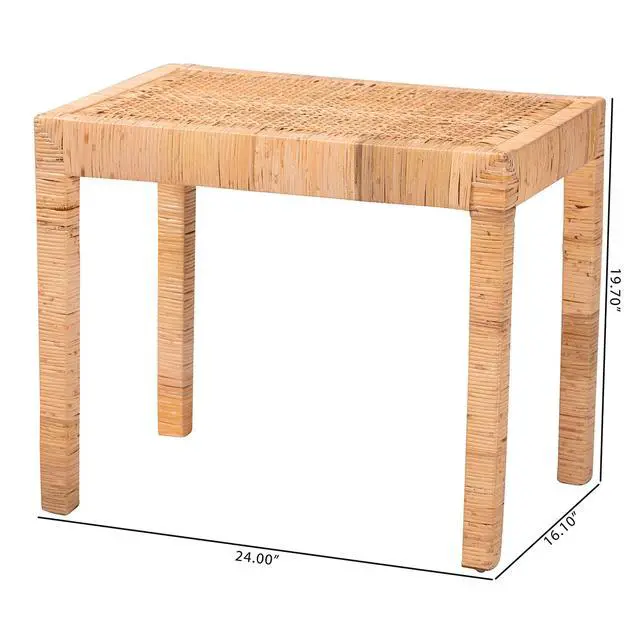 Alt view image 6 of 6 - Modern Bohemian Natural Rattan and Mahogany Wood Short Accent Bench