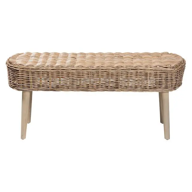 Alt view image 2 of 7 - Modern Bohemian Natural Kubu Rattan and Grey Acacia Wood Accent Bench