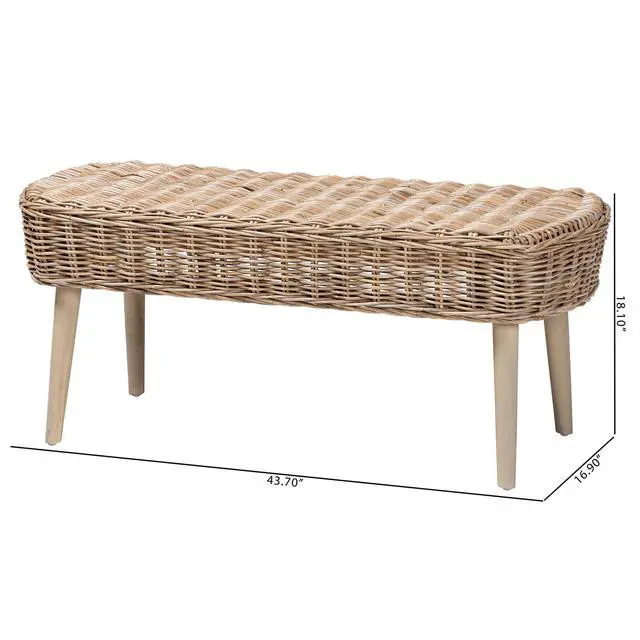 Alt view image 7 of 7 - Modern Bohemian Natural Kubu Rattan and Grey Acacia Wood Accent Bench