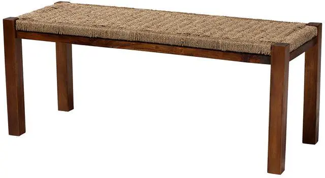 Main image of Mid-Century Modern Transitional Natural Seagrass and Mahogany Wood Bench
