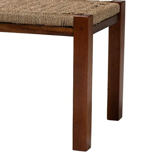Alt view image 4 of 6 - Mid-Century Modern Transitional Natural Seagrass and Mahogany Wood Bench