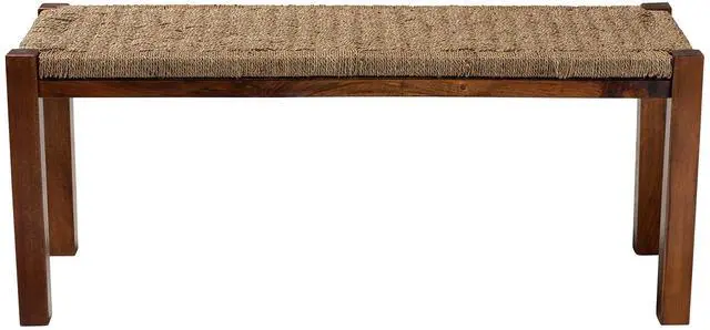 Alt view image 2 of 6 - Mid-Century Modern Transitional Natural Seagrass and Mahogany Wood Bench