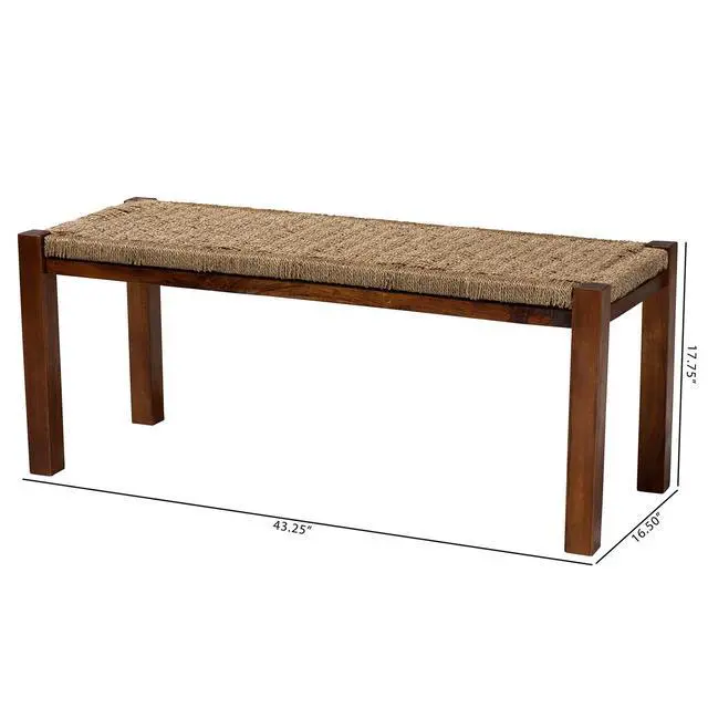 Alt view image 6 of 6 - Mid-Century Modern Transitional Natural Seagrass and Mahogany Wood Bench