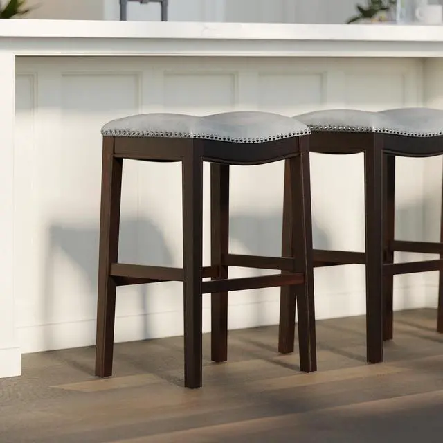 Alt view image 4 of 7 - 31in. H Bar-Height Wood Barstool with Gray Faux-Leather Seat, 1PC