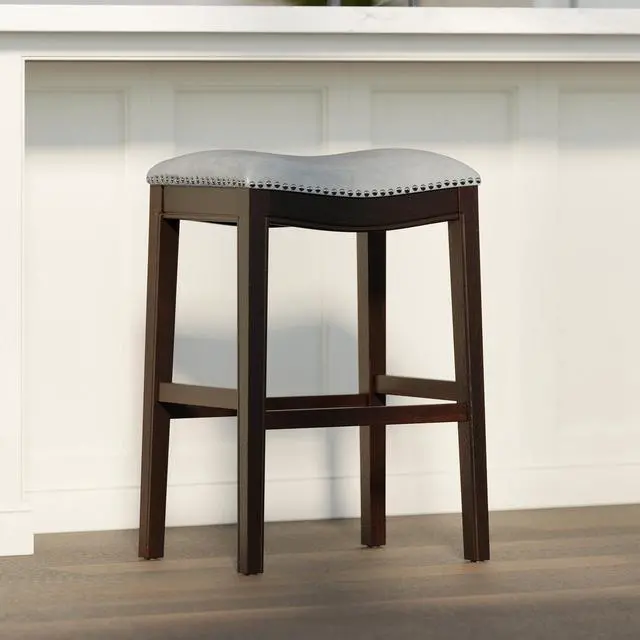 Alt view image 2 of 7 - 31in. H Bar-Height Wood Barstool with Gray Faux-Leather Seat, 1PC