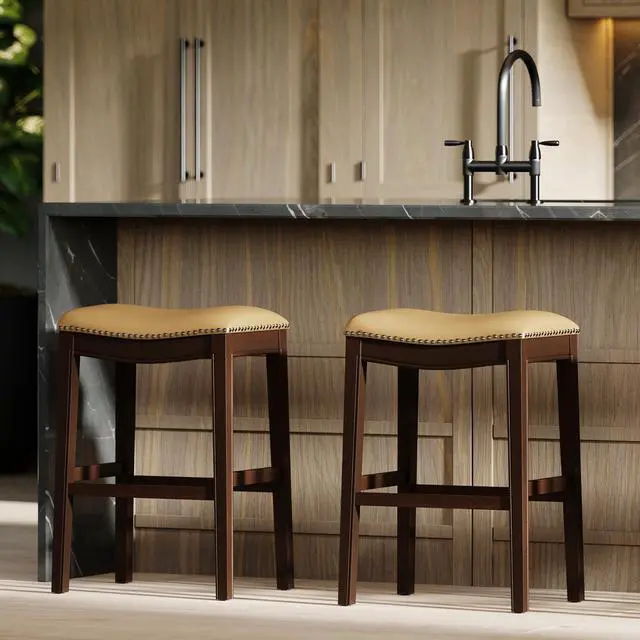 Alt view image 7 of 7 - 31in. H Bar-Height Wood Barstool with Tan Faux-Leather Seat, 1PC
