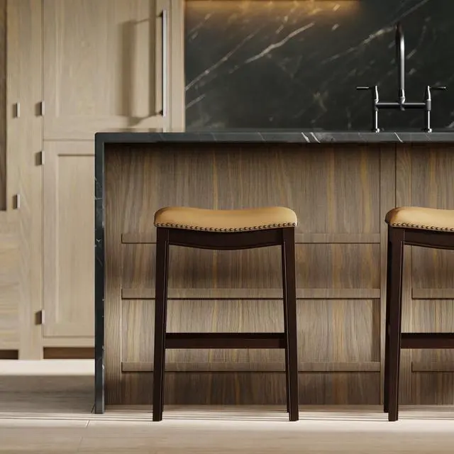Alt view image 6 of 7 - 31in. H Bar-Height Wood Barstool with Tan Faux-Leather Seat, 1PC