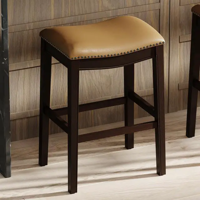 Alt view image 4 of 7 - 31in. H Bar-Height Wood Barstool with Tan Faux-Leather Seat, 1PC