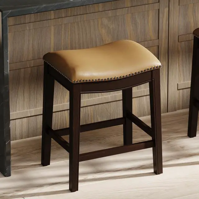 Alt view image 4 of 7 - 26in. H Counter-Height Wood Barstool with Tan Faux-Leather Seat, 1PC