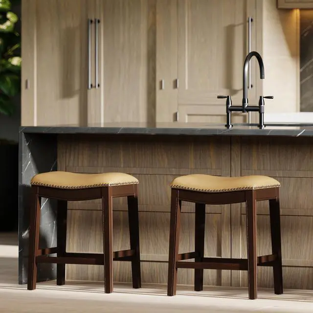 Alt view image 7 of 7 - 26in. H Counter-Height Wood Barstool with Tan Faux-Leather Seat, 1PC