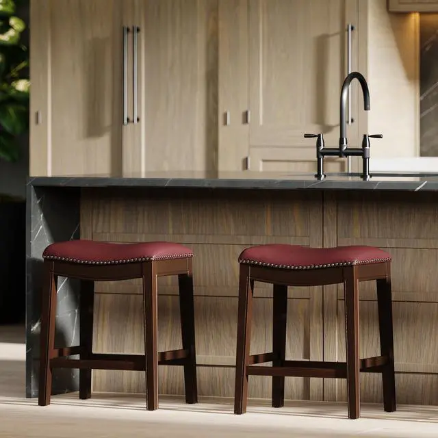 Alt view image 6 of 7 - 26in. H Counter-Height Wood Barstool with Red Faux-Leather Seat, 1PC