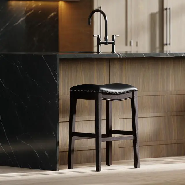 Alt view image 2 of 7 - 31in. H Bar-Height Wood Barstool with Black Faux-Leather Seat, 1PC