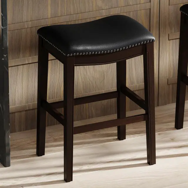 Alt view image 4 of 7 - 31in. H Bar-Height Wood Barstool with Black Faux-Leather Seat, 1PC