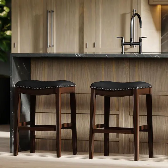 Alt view image 7 of 7 - 31in. H Bar-Height Wood Barstool with Black Faux-Leather Seat, 1PC