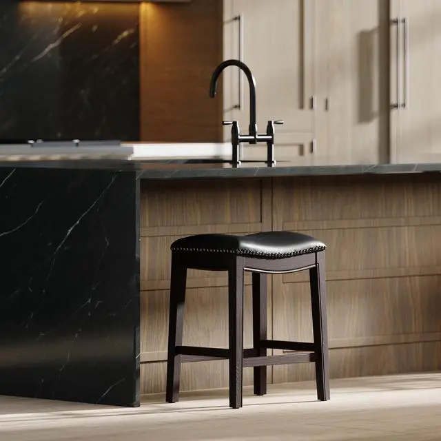 Alt view image 2 of 7 - 26in. H Counter-Height Wood Barstool with Black Faux-Leather Seat, 1PC